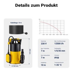 Uppopumppu 550 W, 12 500 l/h, 3-in-1 matalaimupumppu 1 mm, kellukskytkin, kellarille ja puutarhaan