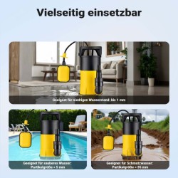 Uppopumppu 550 W, 12 500 l/h, 3-in-1 matalaimupumppu 1 mm, kellukskytkin, kellarille ja puutarhaan