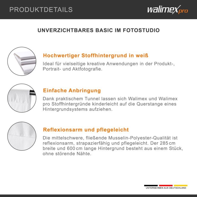 Walimex pro kangastausta 2,85 x 6 m, valkoinen, polyesteri 120 g/m², putkitasku