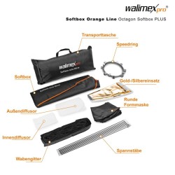 Walimex pro Octagon Softbox PLUS Orange Line 90 cm musta kulta hopea sisäpinta muotokuva ja ihmiskuvaus