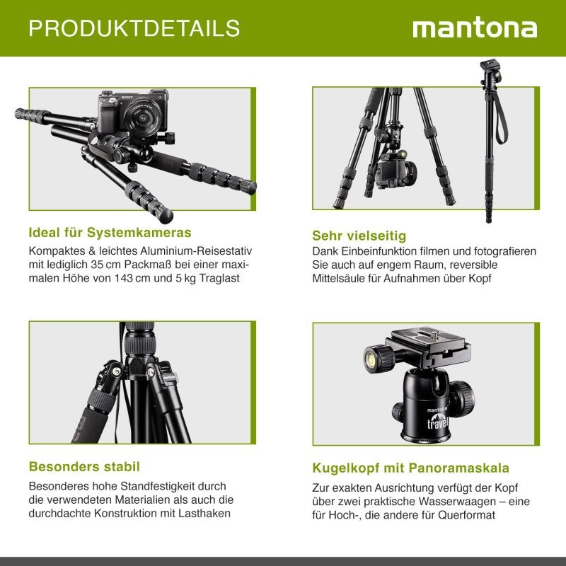 Mantona DSLM Travel alumiininen matkajalka, max. kantavuus 5 kg, kuulapää