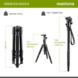 Mantona DSLM Travel alumiininen matkajalka, max. kantavuus 5 kg, kuulapää