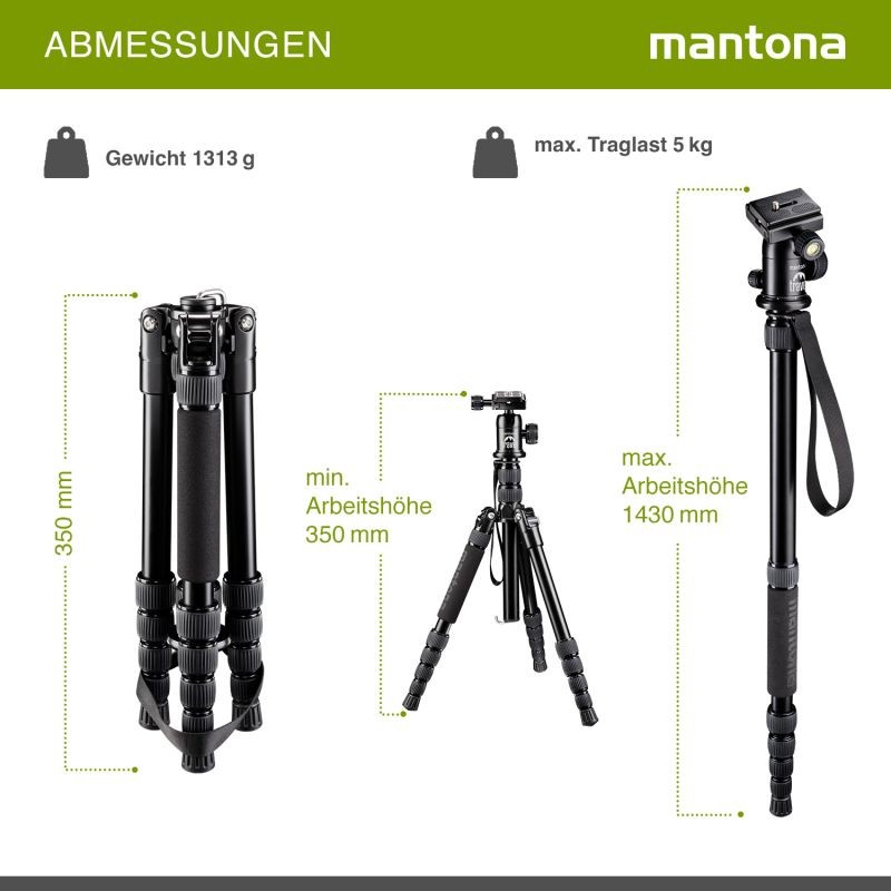 Mantona DSLM Travel alumiininen matkajalka, max. kantavuus 5 kg, kuulapää