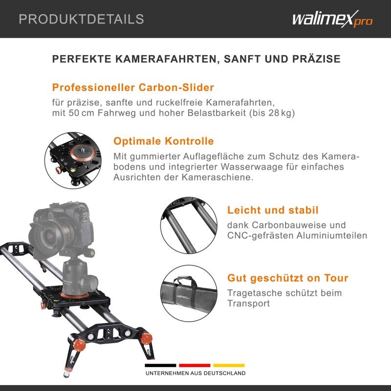 Walimex pro Carbon Video Slider Pro 50 cm kameravaunu, musta, hiilikuitu