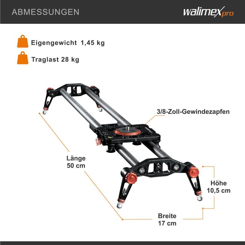 Walimex pro Carbon Video Slider Pro 50 cm kameravaunu, musta, hiilikuitu