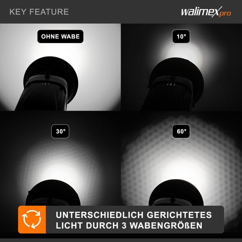 Walimex pro 3-osainen kennosetti standardireflektoreille I ja II, 10°, 30°, 60°