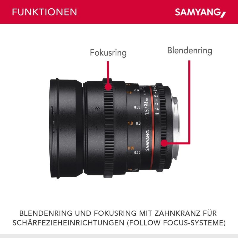 SAMYANG Video DSLR II 24 mm T1.5 video-objektiivi Sony E, manuaalinen tarkennus, musta