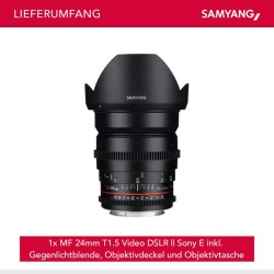 SAMYANG Video DSLR II 24 mm T1.5 video-objektiivi Sony E, manuaalinen tarkennus, musta