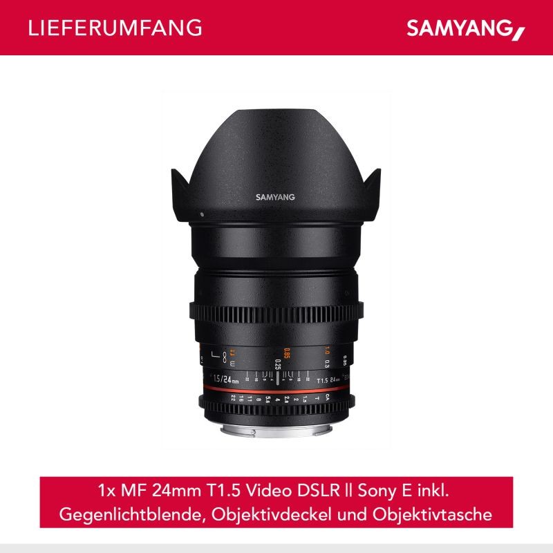 SAMYANG Video DSLR II 24 mm T1.5 video-objektiivi Sony E, manuaalinen tarkennus, musta