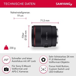 Samyang AF 24mm F1.8 laajakulmaobjektiivi Sony E / FE