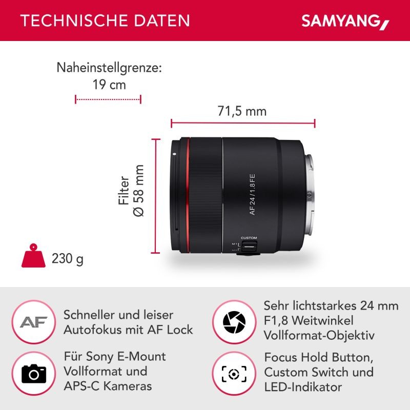 Samyang AF 24mm F1.8 laajakulmaobjektiivi Sony E / FE