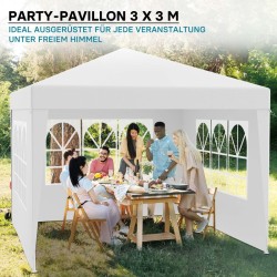 Puutarhapaviljonki 3 x 3 m, valkoinen, UV-suoja 50+, irrotettavat seinät ja ikkunat