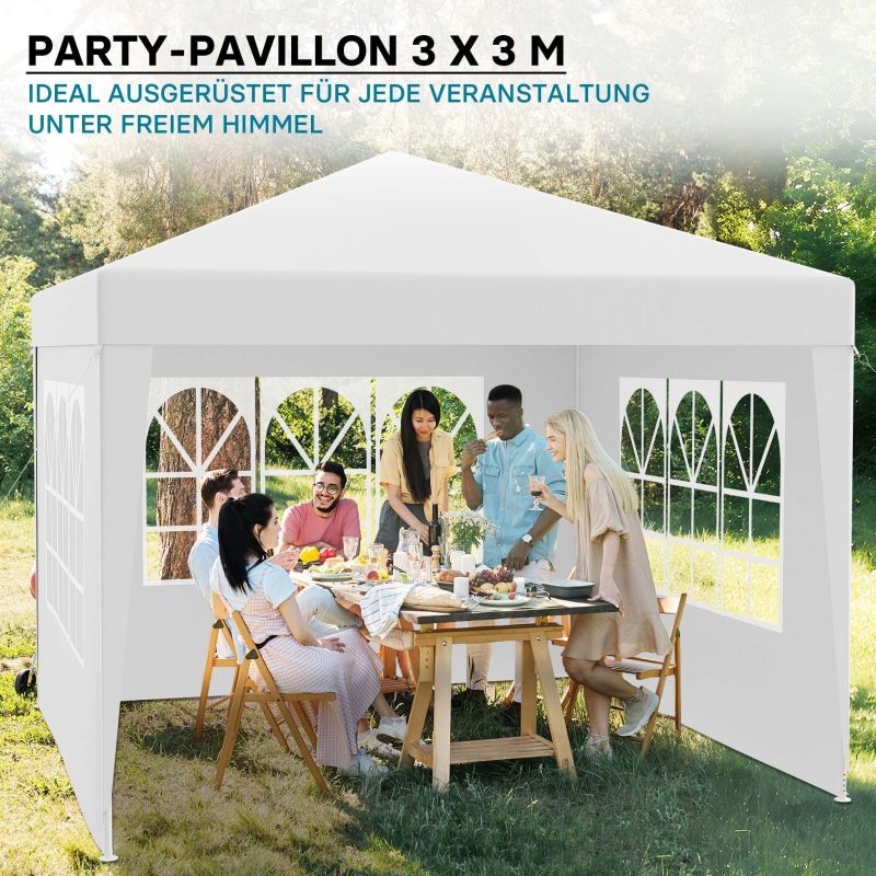 Puutarhapaviljonki 3 x 3 m, valkoinen, UV-suoja 50+, irrotettavat seinät ja ikkunat