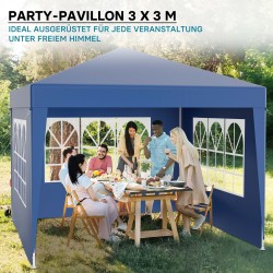 Paviljonki 3 x 3 m, sininen, UV-suoja 50+, vedenhylkivä, irrotettavat seinät ja ikkunat