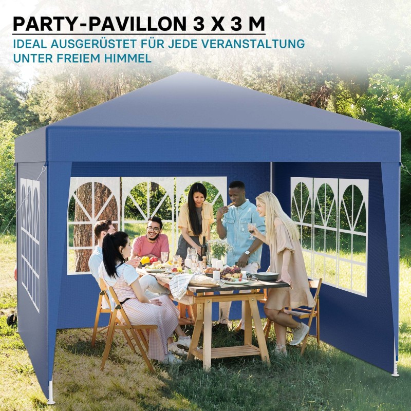 Paviljonki 3 x 3 m, sininen, UV-suoja 50+, vedenhylkivä, irrotettavat seinät ja ikkunat