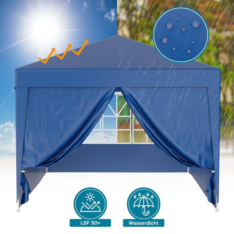 Paviljonki 3 x 3 m, sininen, UV-suoja 50+, vedenhylkivä, irrotettavat seinät ja ikkunat