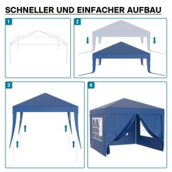 Paviljonki 3 x 3 m, sininen, UV-suoja 50+, vedenhylkivä, irrotettavat seinät ja ikkunat