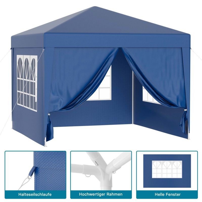 Paviljonki 3 x 3 m, sininen, UV-suoja 50+, vedenhylkivä, irrotettavat seinät ja ikkunat
