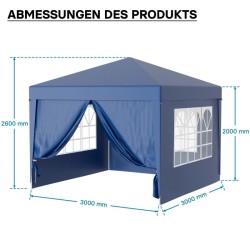 Paviljonki 3 x 3 m, sininen, UV-suoja 50+, vedenhylkivä, irrotettavat seinät ja ikkunat
