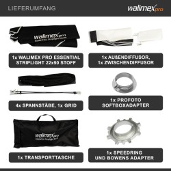 Walimex pro Essential Striplight softbox 22 x 90 cm kenno Bowens ja Profoto adapterit kantolaukku