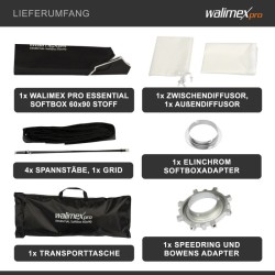 Walimex pro Essential Striplight softbox 60 x 90 cm Bowens ja Elinchrom adapterit kenno ja kuljetuslaukku