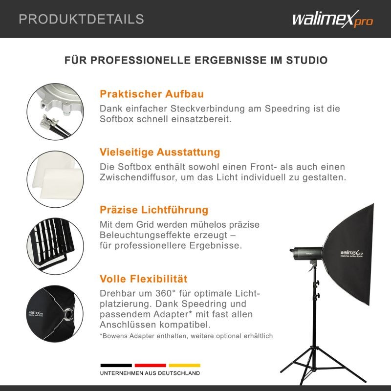Walimex pro Essential Striplight-softbox 60 x 90 cm, kenno, Bowens- ja Hensel EH -adapterit, kuljetuslaukku