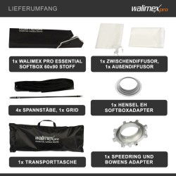 Walimex pro Essential Striplight-softbox 60 x 90 cm, kenno, Bowens- ja Hensel EH -adapterit, kuljetuslaukku