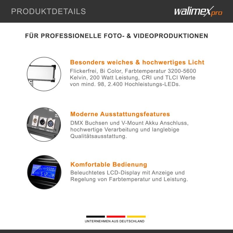 Walimex pro Soft LED 2400 Bi Color Flat LED-paneelivalaisin 200 W, DMX ja V-Mount