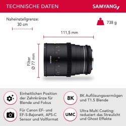 Samyang MF 35mm T1,5 VDSLR MK2 laajakulmainen elokuva- ja videobjektiivi Canon EF, täyskenno ja APS-C