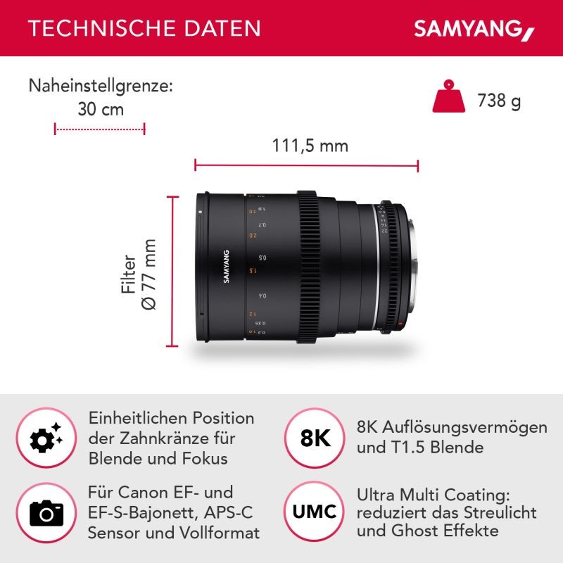 Samyang MF 35mm T1,5 VDSLR MK2 laajakulmainen elokuva- ja videobjektiivi Canon EF, täyskenno ja APS-C