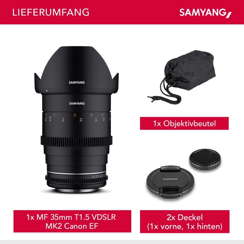 Samyang MF 35mm T1,5 VDSLR MK2 laajakulmainen elokuva- ja videobjektiivi Canon EF, täyskenno ja APS-C