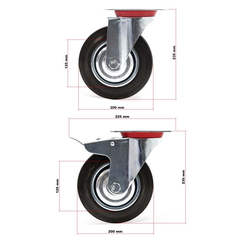 Kuljetuspyöräsetti 200 mm, 4 kpl, 2x jarrullinen ja 2x jarruton kääntyvä kokumipyörä, 150 kg/pyörä, musta