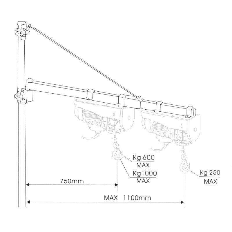Kääntövarsi valaisimelle lastausrampeille, 110 cm ulottuvuus, max 600 kg, hopea