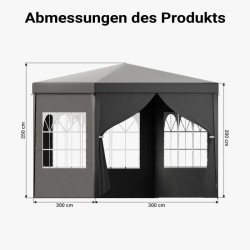 Toboli Puutarhapaviljonki 3 x 3 m, harmaa, UV-suoja 50+, irrotettavat seinät ikkunoilla