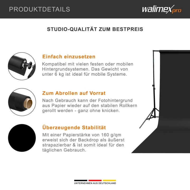 Walimex pro taustapaperi 1,35 x 10 m, musta, heijastamaton