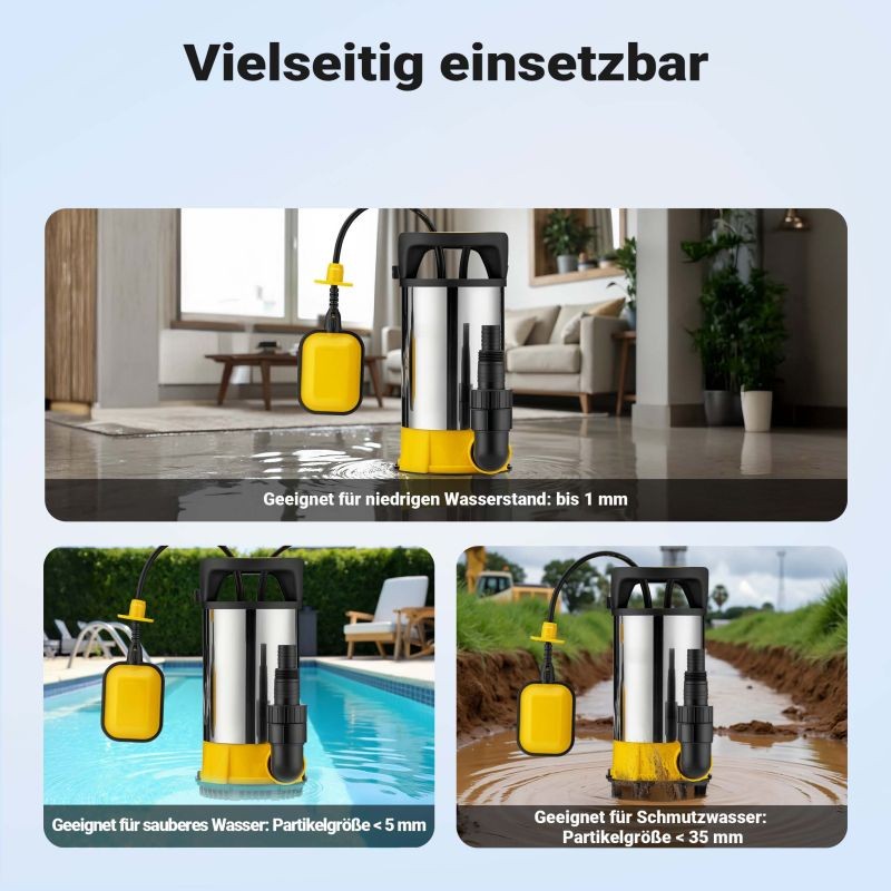 Likaveden uppopumppu 3-in-1 ruostumaton teräs 550 W, 12500 l/h, kellukskytkin, 1 mm imusyvyys