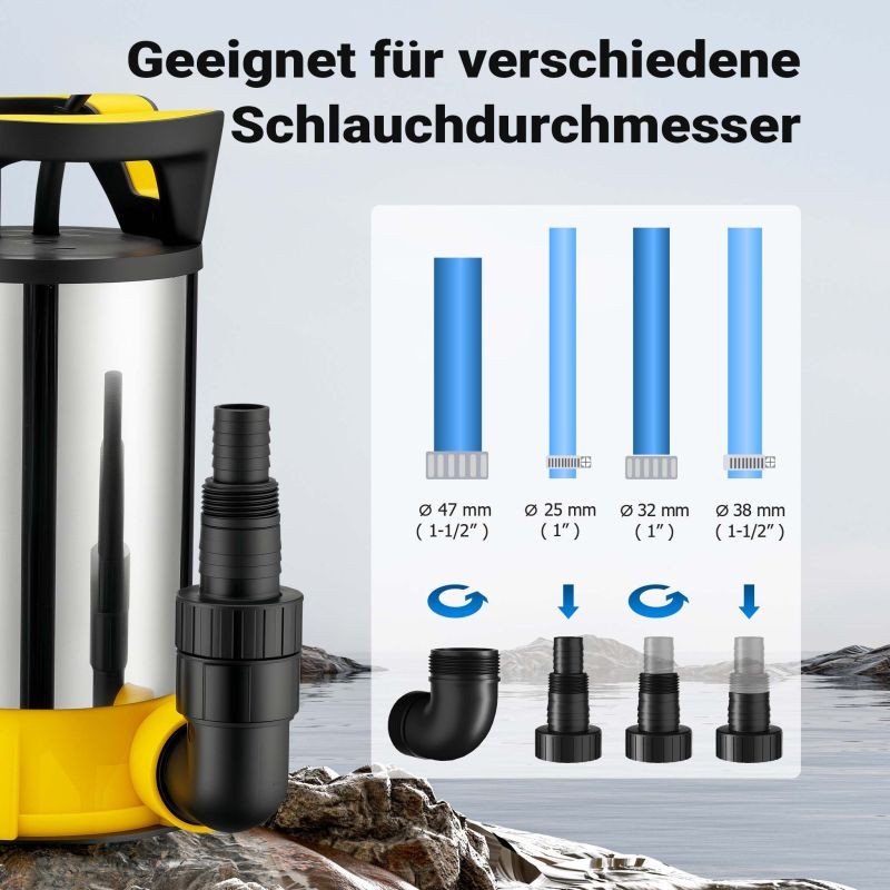 Likaveden uppopumppu 3-in-1 ruostumaton teräs 550 W, 12500 l/h, kellukskytkin, 1 mm imusyvyys
