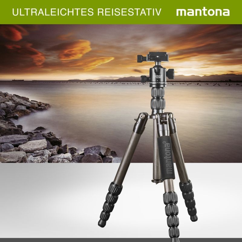 Mantona Light Traveller hiilikuitujalusta 133 cm, pallopää 5 kg, Arca-Swiss, monopod-toiminto