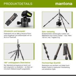 Mantona Light Traveller hiilikuitujalusta 133 cm, pallopää 5 kg, Arca-Swiss, monopod-toiminto