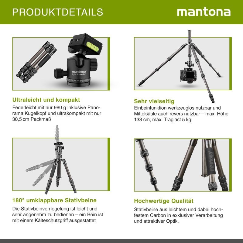Mantona Light Traveller hiilikuitujalusta 133 cm, pallopää 5 kg, Arca-Swiss, monopod-toiminto