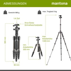 Mantona Light Traveller hiilikuitujalusta 133 cm, pallopää 5 kg, Arca-Swiss, monopod-toiminto