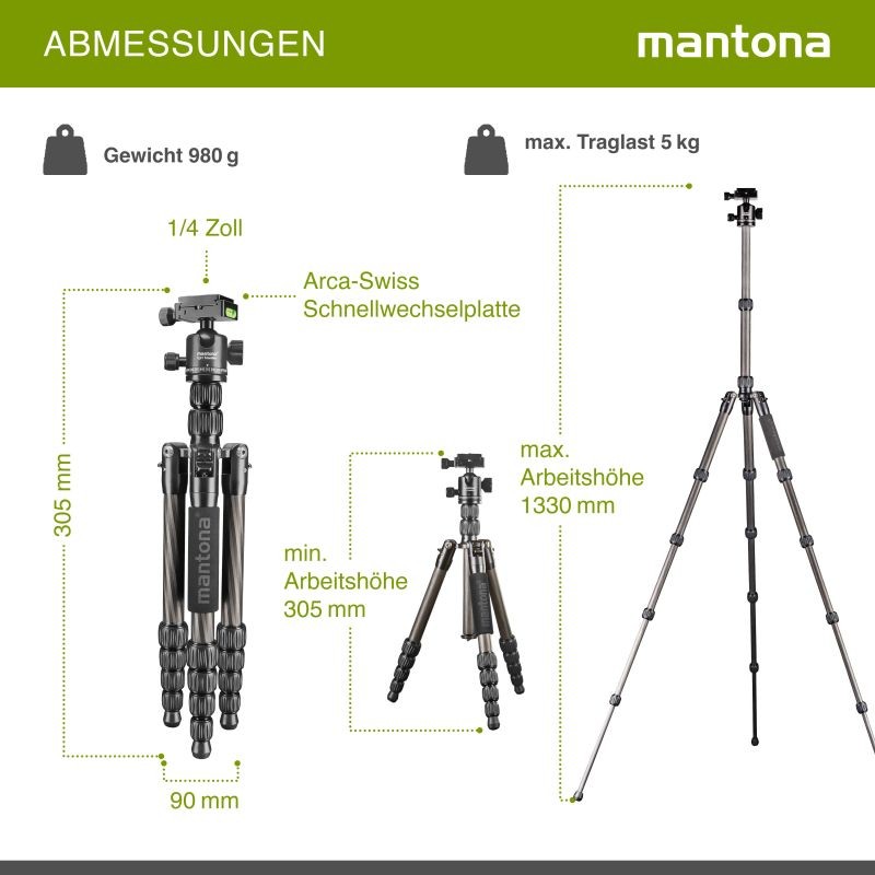 Mantona Light Traveller hiilikuitujalusta 133 cm, pallopää 5 kg, Arca-Swiss, monopod-toiminto