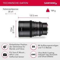 Samyang MF 35mm T1,5 VDSLR MK2 videobjektiivi Sony E, täyskennoinen ja APS-C