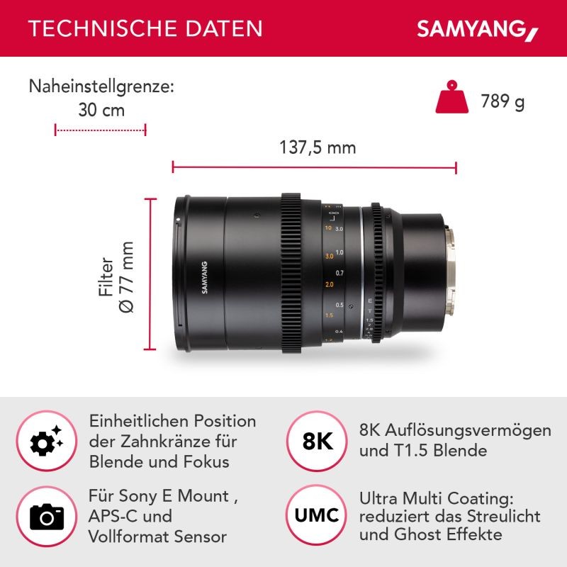 Samyang MF 35mm T1,5 VDSLR MK2 videobjektiivi Sony E, täyskennoinen ja APS-C