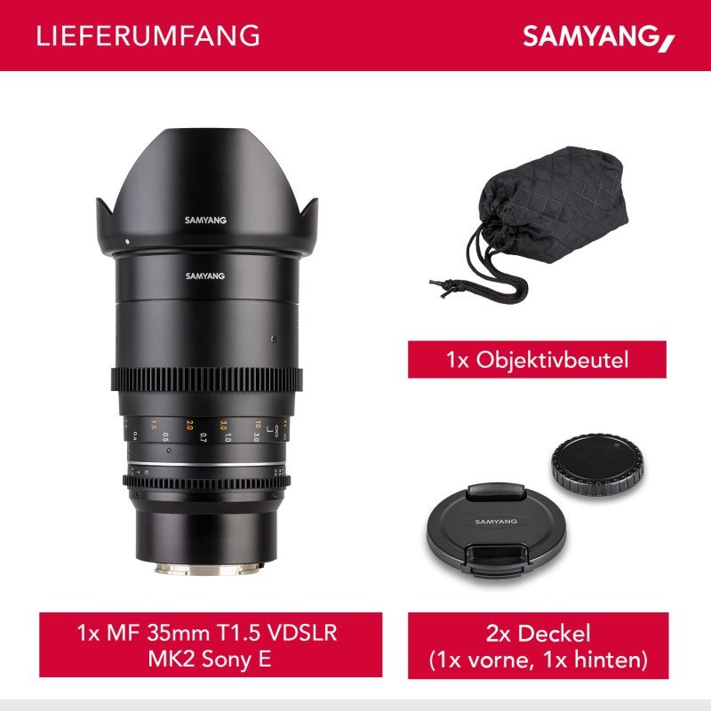 Samyang MF 35mm T1,5 VDSLR MK2 videobjektiivi Sony E, täyskennoinen ja APS-C