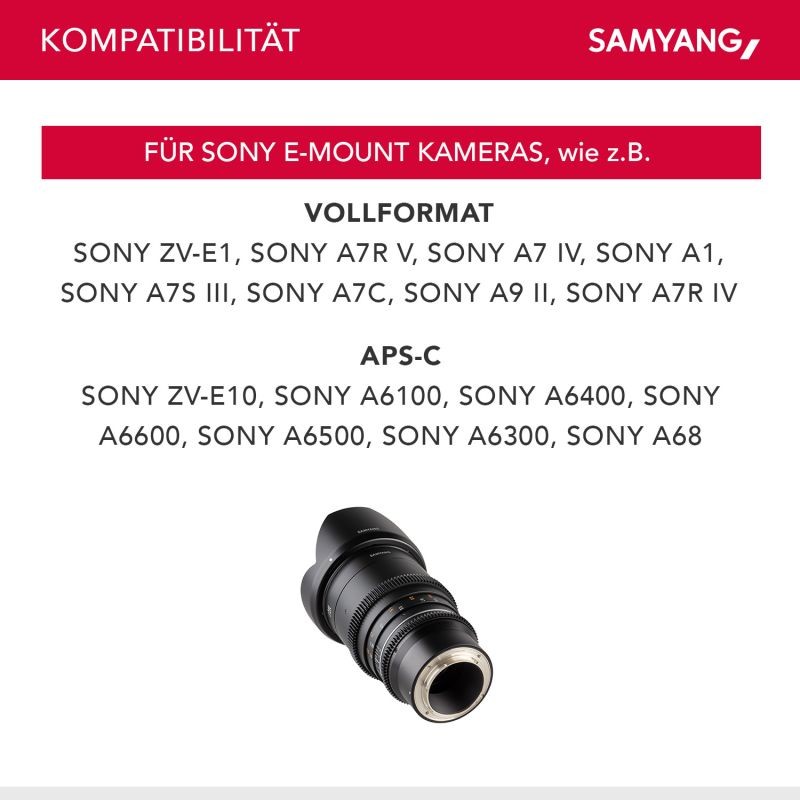 Samyang MF 35mm T1,5 VDSLR MK2 videobjektiivi Sony E, täyskennoinen ja APS-C