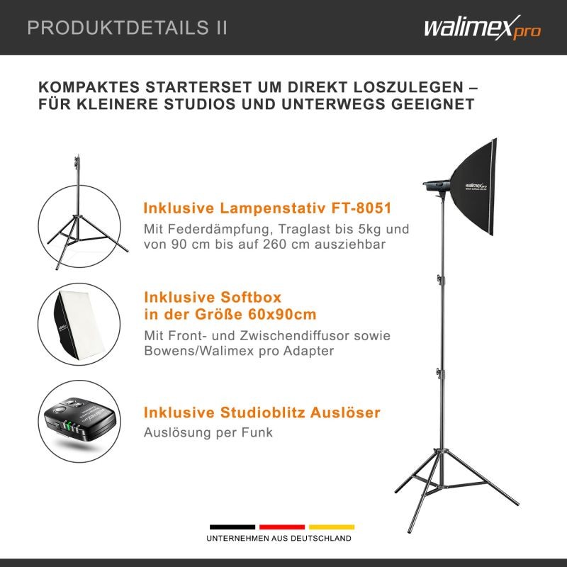 Walimex pro Emerger 400 studiosalamasetti, 2 kpl 400 Ws, 2,4 GHz, softboxit 60 x 90 cm ja jalustat