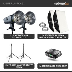 Walimex pro Emerger 400 studiosalamasetti, 2 kpl 400 Ws, 2,4 GHz, softboxit 60 x 90 cm ja jalustat