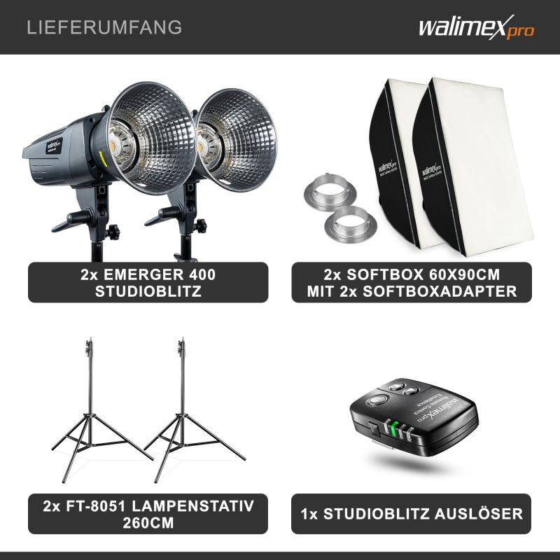 Walimex pro Emerger 400 studiosalamasetti, 2 kpl 400 Ws, 2,4 GHz, softboxit 60 x 90 cm ja jalustat