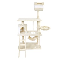 Kiipeilypuu 141 cm, beige/valkoinen, sisal, kissantalo, riippumatto ja makuupodi